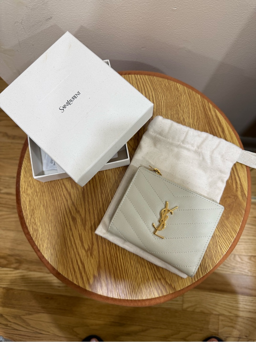 Yves Saint Laurent Quilted Leather Compact Wallet in Light Beige with Gold YSL